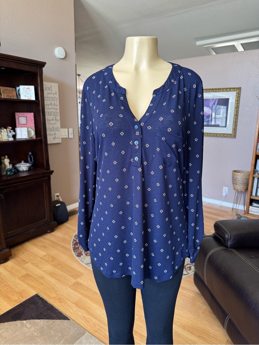 DNA Couture Navy, red & white V-neck Henley type blouse-size 1X